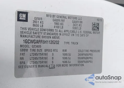 2017 Chevrolet Express 2500 Work Van z USA, uszkodzony, nr VIN 1GCWGAFF8H1126202